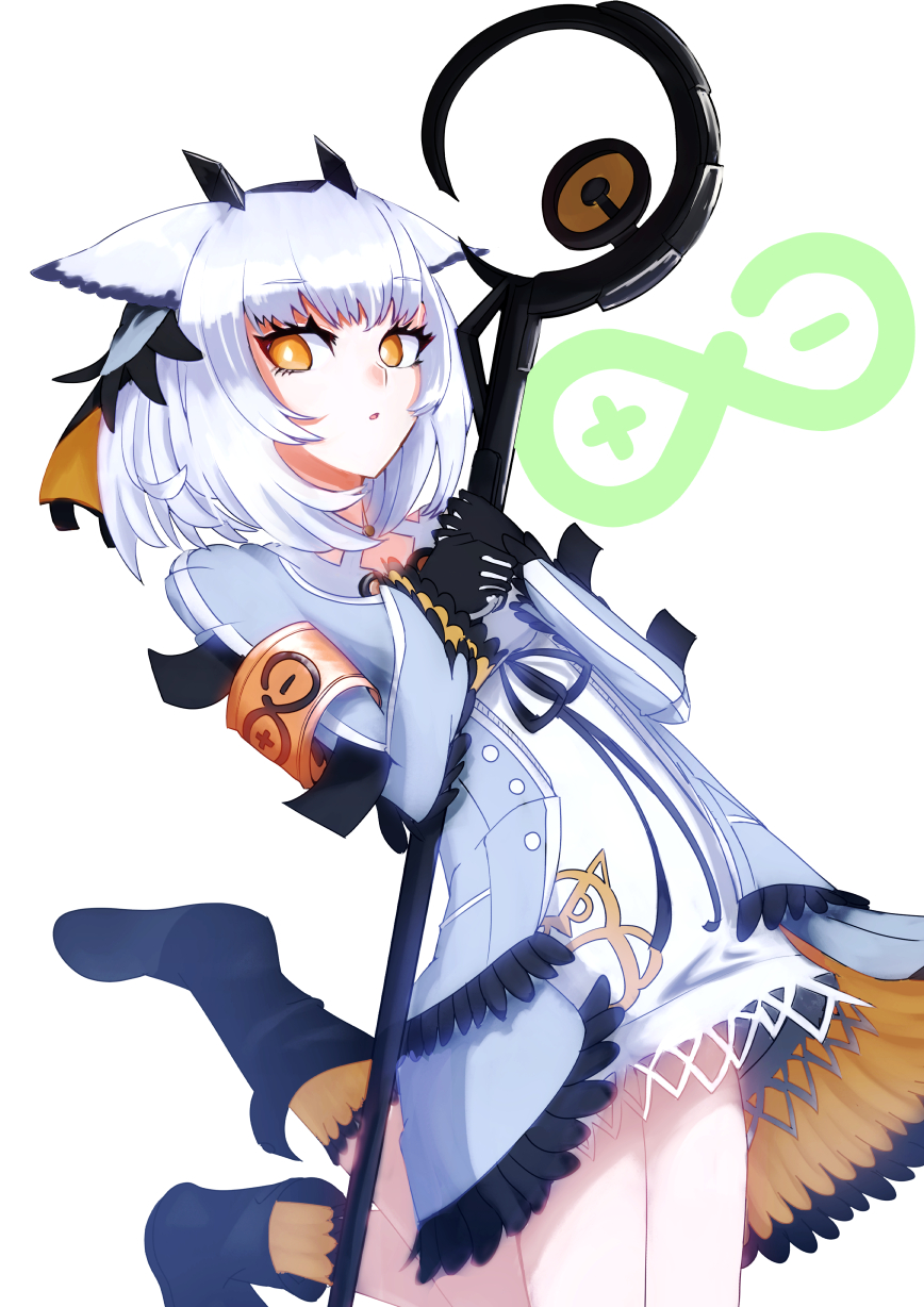 1girl arknights armband black_footwear black_gloves boots bright_pupils coat commentary_request ddoomm1298 dress feather_hair gloves grey_coat highres holding holding_staff long_hair looking_at_viewer open_mouth orange_eyes owl_ears owl_girl ptilopsis_(arknights) rhine_lab_logo solo staff white_background white_dress white_hair white_pupils