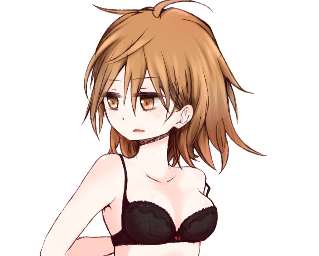 1girl ahoge arms_behind_back bare_arms bare_shoulders black_bra bow bow_bra bra breasts brown_eyes brown_hair commentary_request dot_nose hair_between_eyes i.u.y light_blush looking_to_the_side medium_breasts medium_hair messy_hair misaka_worst open_mouth red_bow simple_background slit_pupils solo teeth toaru_majutsu_no_index underwear upper_body upper_teeth_only white_background