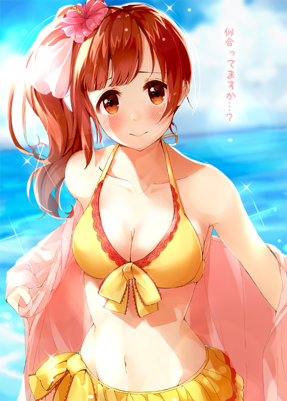 1girl bare_shoulders bikini blue_sky blush breasts brown_eyes brown_hair cleavage closed_mouth cloud collarbone day dot_nose flower frilled_bikini frills front-tie_bikini_top front-tie_top hair_flower hair_ornament hibiscus horizon idolmaster idolmaster_cinderella_girls idolmaster_cinderella_girls_starlight_stage igarashi_kyoko long_hair long_sleeves looking_at_viewer medium_breasts navel nira_(vira) ocean off_shoulder outdoors pink_flower pink_shirt shirt shy side_ponytail sky solo sparkle swimsuit upper_body yellow_bikini