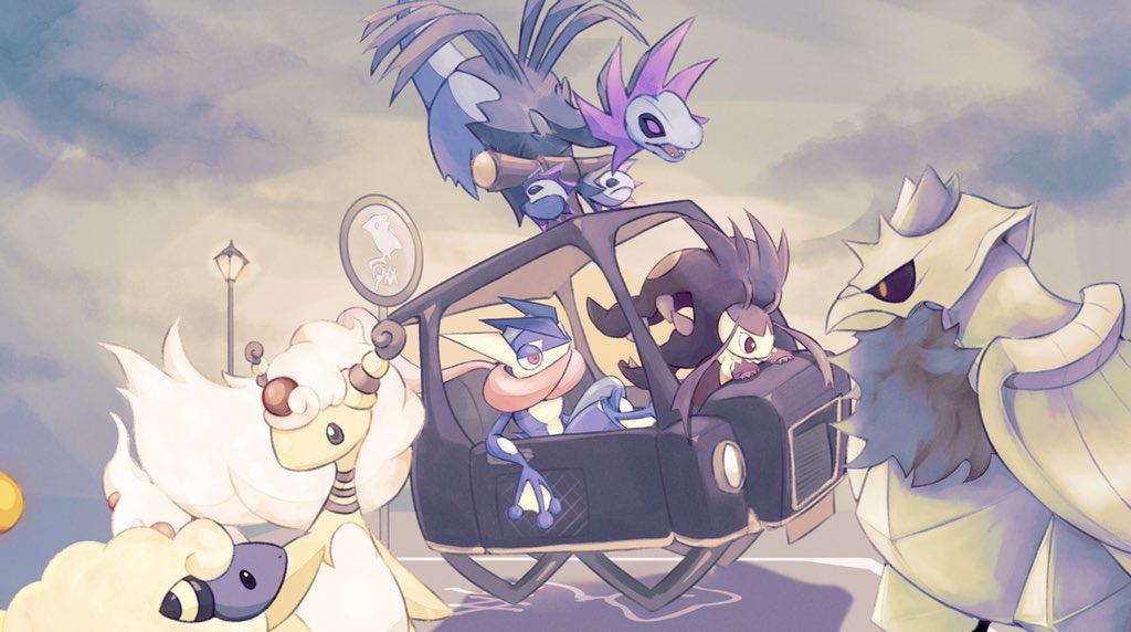 ampharos bird black_eyes black_sclera blue_skin car colored_sclera colored_skin commentary_request corviknight fireblast greninja hydreigon lamppost long_hair mareep mawile mega_ampharos mega_mawile motor_vehicle multiple_heads multiple_wings no_humans open_mouth outdoors pokemon pokemon_(creature) red_eyes road_sign sheep sign tail webbed_hands white_hair wings wool yellow_skin