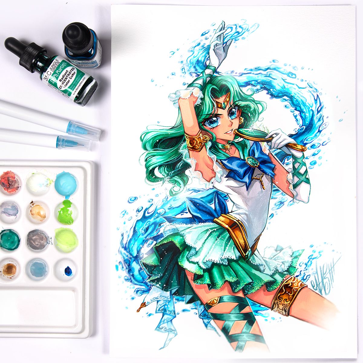 1girl aqua_choker aqua_eyes aqua_gemstone aqua_hair aqua_sailor_collar aqua_skirt armlet armpits bishoujo_senshi_sailor_moon bow choker circlet collarbone deep_aqua_mirror earrings gloves gold highres jewelry kaiou_michiru leg_ribbon long_hair magical_girl nashi_juni ribbon sailor_collar sailor_neptune sailor_senshi sailor_senshi_uniform skirt smile solo tiara white_gloves