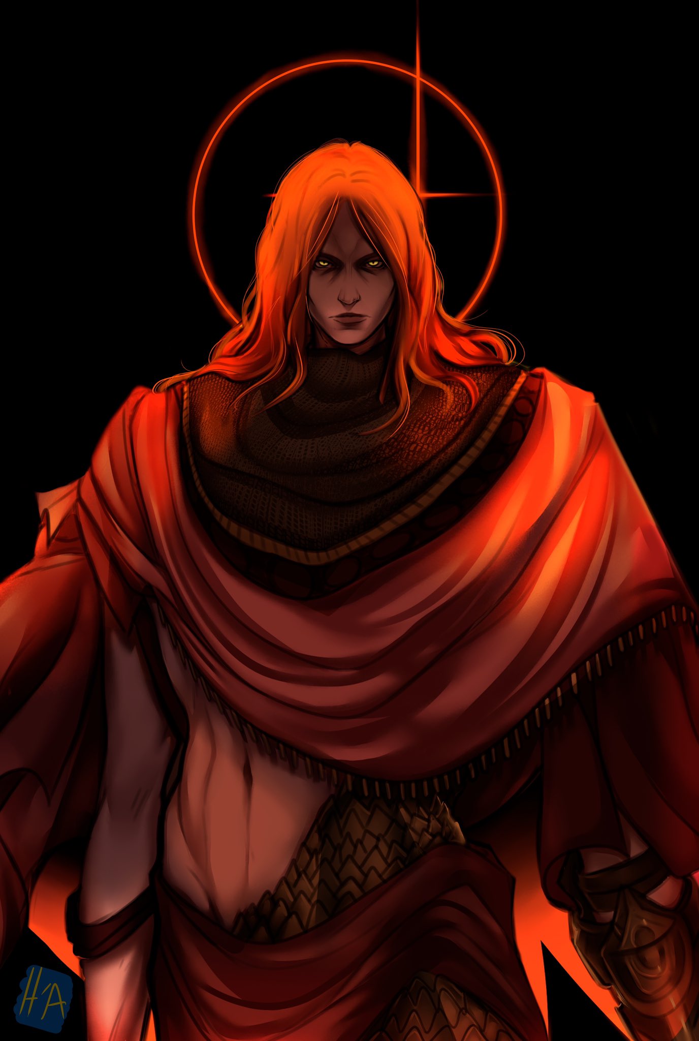 1boy armor black_background black_scales chainmail commentary elden_ring elden_ring:_shadow_of_the_erdtree english_commentary great_rune_(elden_ring) highres long_hair looking_at_viewer messmer_the_impaler midosakatrash midriff red_hair red_robe robe rune scales signature simple_background single_vambrace slit_pupils solo vambraces yellow_eyes
