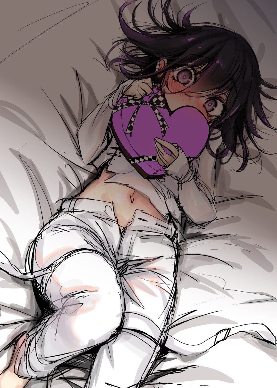 1boy bed_sheet black_hair blush box danganronpa_(series) danganronpa_v3:_killing_harmony flipped_hair grey_jacket grey_pants hair_between_eyes heart-shaped_box highres holding holding_box jacket kuchi_~ie lying navel oma_kokichi on_back open_pants pants pink_eyes sleeves_past_wrists solo