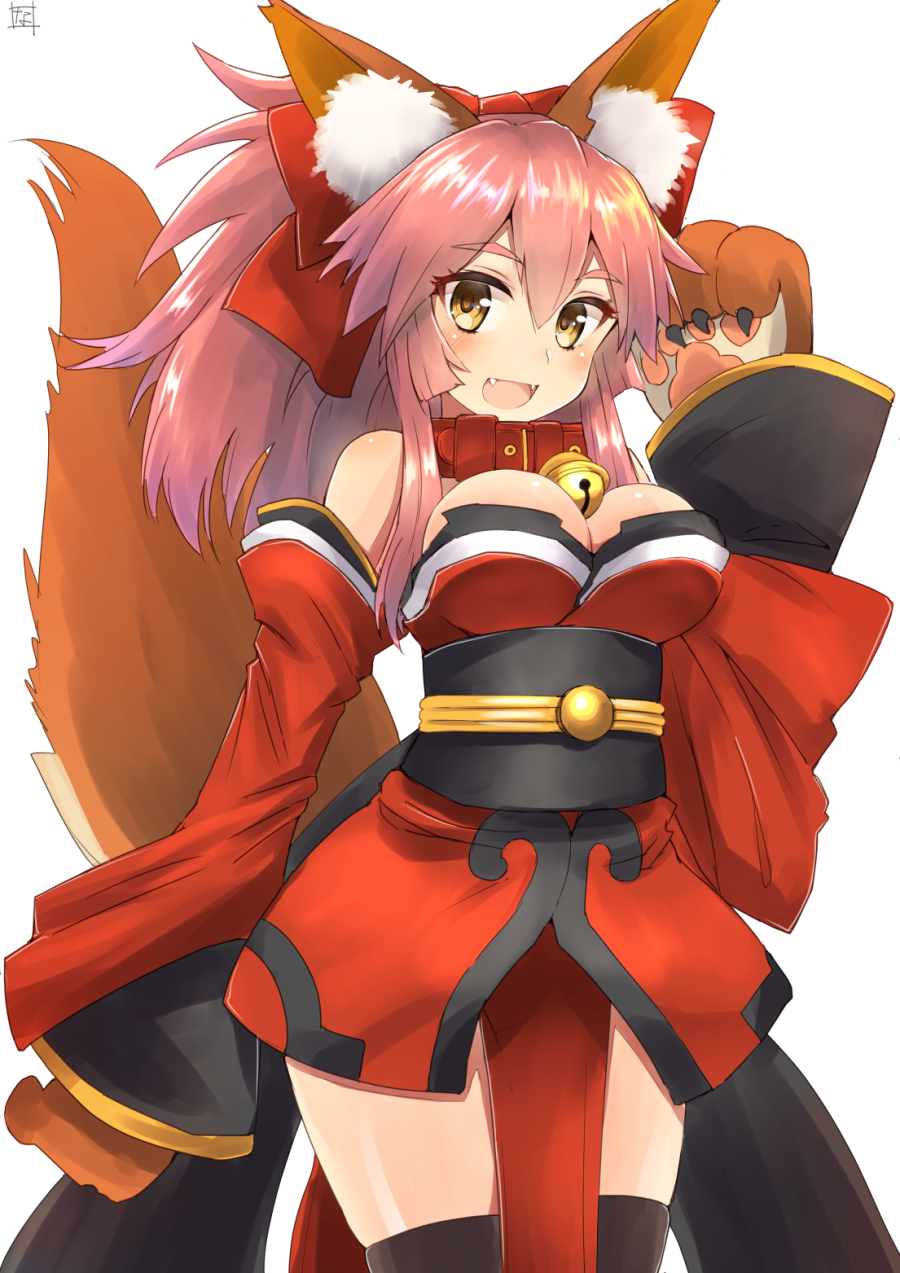 animal_ears bell bell_collar blush breasts cleavage collar fangs fate/grand_order fate_(series) fox_ears fox_tail hair_ribbon highres large_breasts long_hair looking_at_viewer nayuhi_(yukimuu14) open_mouth paws pink_hair ribbon simple_background solo tail tamamo_(fate)_(all) tamamo_cat_(fate) thighhighs white_background yellow_eyes
