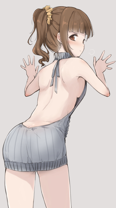 1girl ass back bare_back bare_shoulders blush breasts brown_eyes brown_hair brown_scrunchie closed_mouth cowboy_shot from_behind grey_background grey_sweater hair_ornament hair_scrunchie halterneck hands_up idolmaster idolmaster_cinderella_girls idolmaster_cinderella_girls_starlight_stage igarashi_kyoko long_hair looking_at_viewer looking_back medium_breasts meme_attire minori_(m-noir) naked_sweater puff_of_air scrunchie side_ponytail sideboob simple_background sleeveless sleeveless_sweater sleeveless_turtleneck solo standing sweater turtleneck turtleneck_sweater virgin_killer_sweater