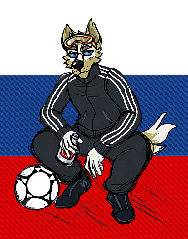 alcohol anthro ball beverage blue_eyes caffeinecat canine clothed clothing digital_media_(artwork) eyewear fifa fur goggles gopnik male mammal mascot russia russian smoking sport tracksuit vodka wolf zabivaka