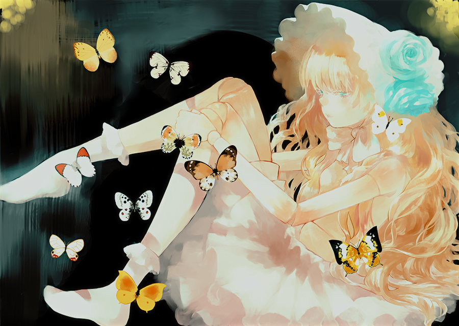 1girl aqua_eyes aqua_rose bare_arms black_background blonde_hair bonnet bow bowtie bug butterfly closed_mouth doll doll_joints dress expressionless flower half-closed_eyes hat hat_flower joints knees_up legs long_hair moekon original reclining socks solo wavy_hair white_bow white_bowtie white_butterfly white_dress white_headwear white_socks yellow_butterfly