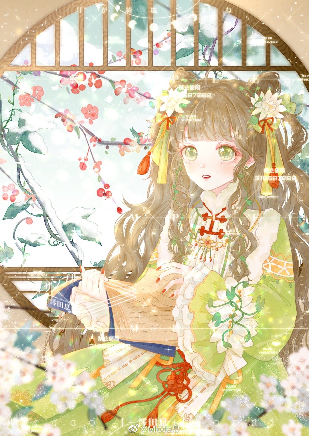 1girl blunt_bangs book bow brown_hair cherry_blossoms chinese_clothes chinese_commentary cloud cloudy_sky collar collared_dress commentary_request cone_hair_bun cowboy_shot double_bun dress eyelashes flower flower_in_eye flower_knot frilled_sleeves frills green_bow green_dress green_eyes hair_bow hair_bun hair_flower hair_ornament hair_ribbon high_collar highres holding holding_book holding_paper indoors lattice light_blush long_hair long_sleeves looking_at_viewer mioda_xi nail_polish open_mouth original paper plant red_flower red_lips red_nails red_ribbon ribbon sample_watermark sidelocks sitting sky sleeves_past_wrists smile snowing solo symbol_in_eye tassel tassel_hair_ornament teeth upper_teeth_only very_long_hair vines water_lily_flower watermark wavy_hair weibo_logo weibo_username white_collar white_flower wide_sleeves