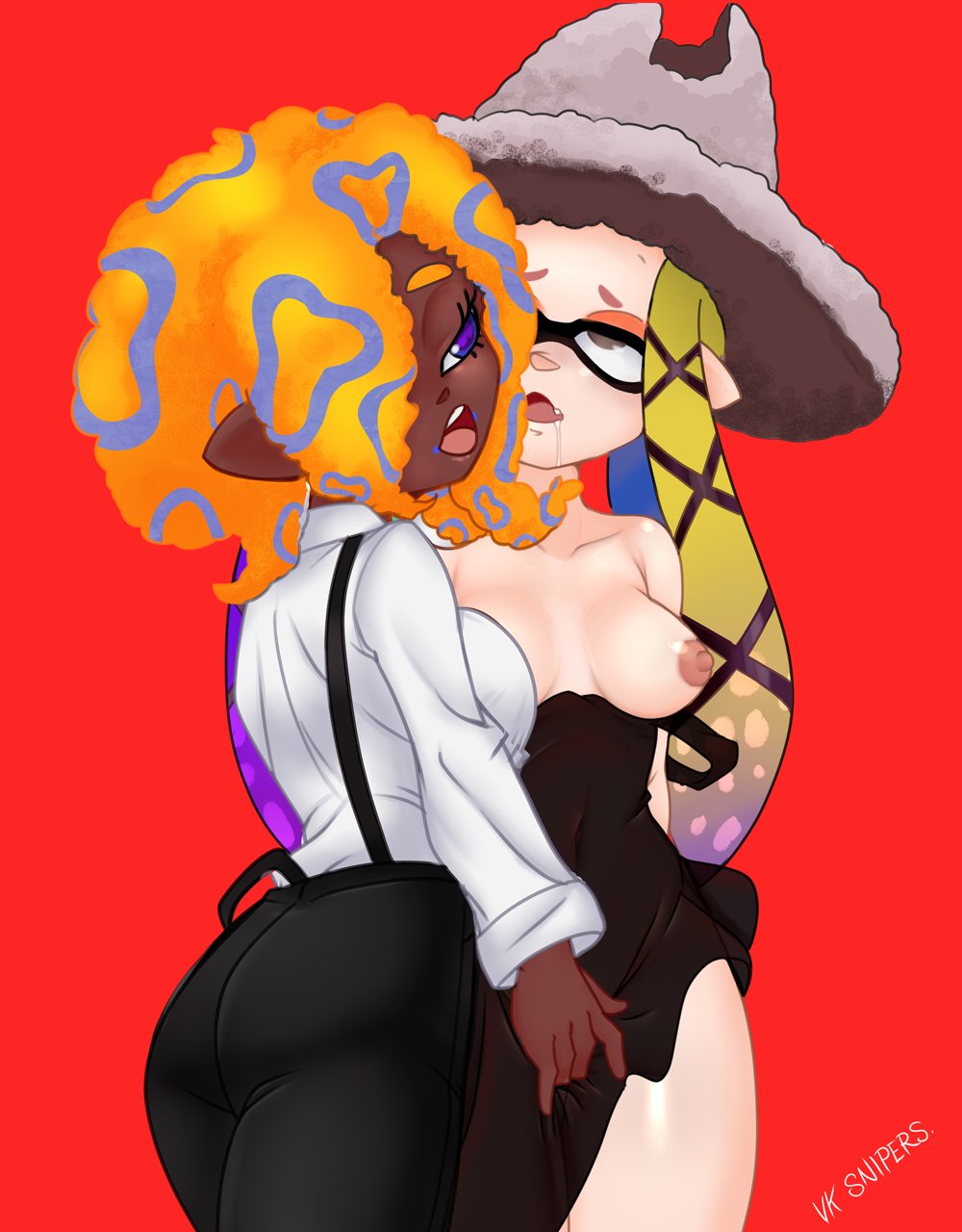 2girls artist_name bare_shoulders black_dress black_pants blonde_hair breasts breasts_apart breasts_out cowboy_shot dark-skinned_female dark_skin dress fingering fingering_through_clothes grey_eyes grey_headwear highres long_sleeves medium_breasts multicolored_hair multiple_girls nipples open_mouth orange_hair pants purple_eyes purple_hair red_background shirt shirt_tucked_in simple_background splatoon_(series) splatoon_3 tao_blu_(splatoon) tentacle_hair through_clothes vcampan white_shirt yoko_(splatoon) yuri