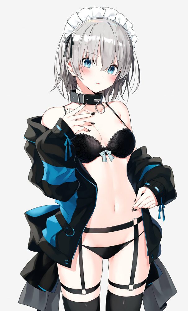 1girl bare_shoulders black_bra black_collar black_jacket black_nails black_panties black_ribbon black_thighhighs blue_eyes blue_jacket blush bow bra breasts cleavage collar collarbone commentary_request cowboy_shot garter_straps grey_background grey_hair hair_ribbon hand_up jacket lace lace-trimmed_bra lace_trim looking_at_viewer maid_headdress medium_breasts multicolored_clothes multicolored_jacket nail_polish navel off_shoulder open_clothes open_jacket original panties parted_lips revision ribbon short_hair simple_background skindentation solo spaghetti_strap stomach strap_gap string_panties thigh_strap thighhighs thighs two-tone_jacket underwear yon_(letter)