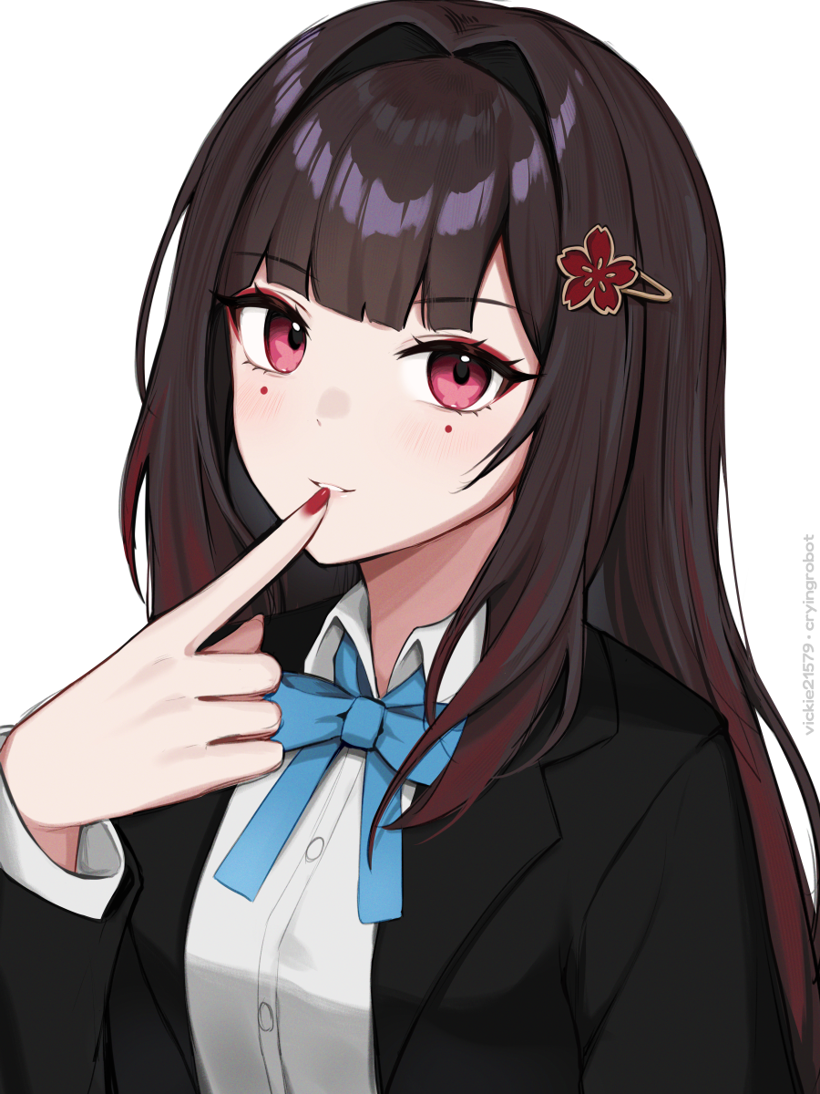 1girl black_hair black_jacket blue_bow blue_bowtie bow bowtie commentary facial_mark finger_to_mouth grin hair_intakes highres honkai:_star_rail honkai_(series) jacket long_hair long_sleeves looking_at_viewer nail_polish official_alternate_costume parted_lips pink_eyes red_nails shirt simple_background smile solo sparkle_(honkai:_star_rail) upper_body very_long_hair vickie_(cryingrobot) white_background white_shirt
