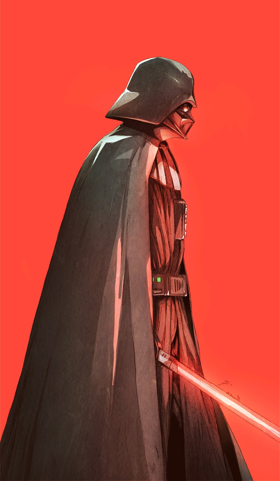 1boy armor belt black_armor black_belt black_cape black_headwear cape chun_lo darth_vader energy_sword facing_to_the_side from_side helmet highres holding holding_lightsaber holding_weapon lightsaber male_focus red_background red_lightsaber red_theme simple_background sith solo standing star_wars sword weapon