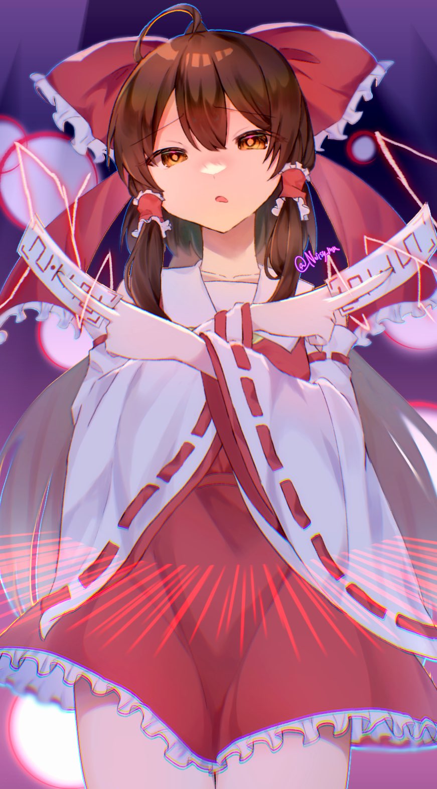 1girl ahoge bow bright_pupils brown_eyes brown_hair commentary_request cowboy_shot crossed_arms danmaku detached_sleeves double-parted_bangs eyes_visible_through_hair fighting_stance frilled_bow frilled_hair_tubes frilled_skirt frills frown hair_between_eyes hair_bow hair_tubes hakurei_reimu hands_up hashtag_only_commentary highres holding holding_paper huge_bow long_hair long_sleeves looking_at_viewer noisy_ma nontraditional_miko open_mouth paper red_bow red_skirt ribbon-trimmed_sleeves ribbon_trim sidelocks skirt solo straight-on touhou tsurime twitter_username wide_sleeves