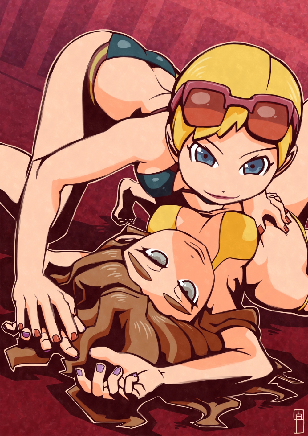 all_fours ass bare_arms bare_legs bare_shoulders bikini black_bikini blonde_hair blue_eyes breasts brown_hair chawalit_adsawawalanon cleavage closed_mouth eyewear_on_head fingernails half-closed_eyes hand_on_another's_stomach highres holding_hands lipstick long_hair looking_at_viewer lying makeup medium_breasts multiple_girls nail_polish on_back outline pokemon pokemon_(game) pokemon_sm purple_nails red_lipstick red_nails short_hair silver_eyes smile sunglasses swimmer_(pokemon) swimsuit very_short_hair yellow_bikini