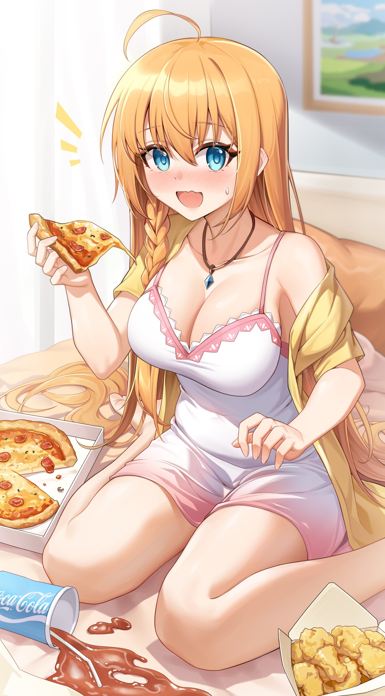 ahoge alternate_costume bed blue_eyes blurry blurry_background blush breasts cleavage curtains food hair_between_eyes hair_ornament highres large_breasts long_hair looking_at_viewer open_mouth pecorine_(princess_connect!) pizza princess_connect! shenqi_xiao_hong_zai_nali sitting soda_bottle spill wariza