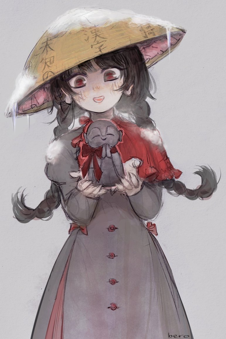 1girl ajirogasa artist_name black_hair braid breath capelet dress english_commentary grey_background grey_dress hands_up hat holding icicle jizou long_earlobes long_hair looking_at_viewer red_capelet red_eyes simple_background sketch smile snow_on_headwear svveetberry touhou translation_request twin_braids yatadera_narumi