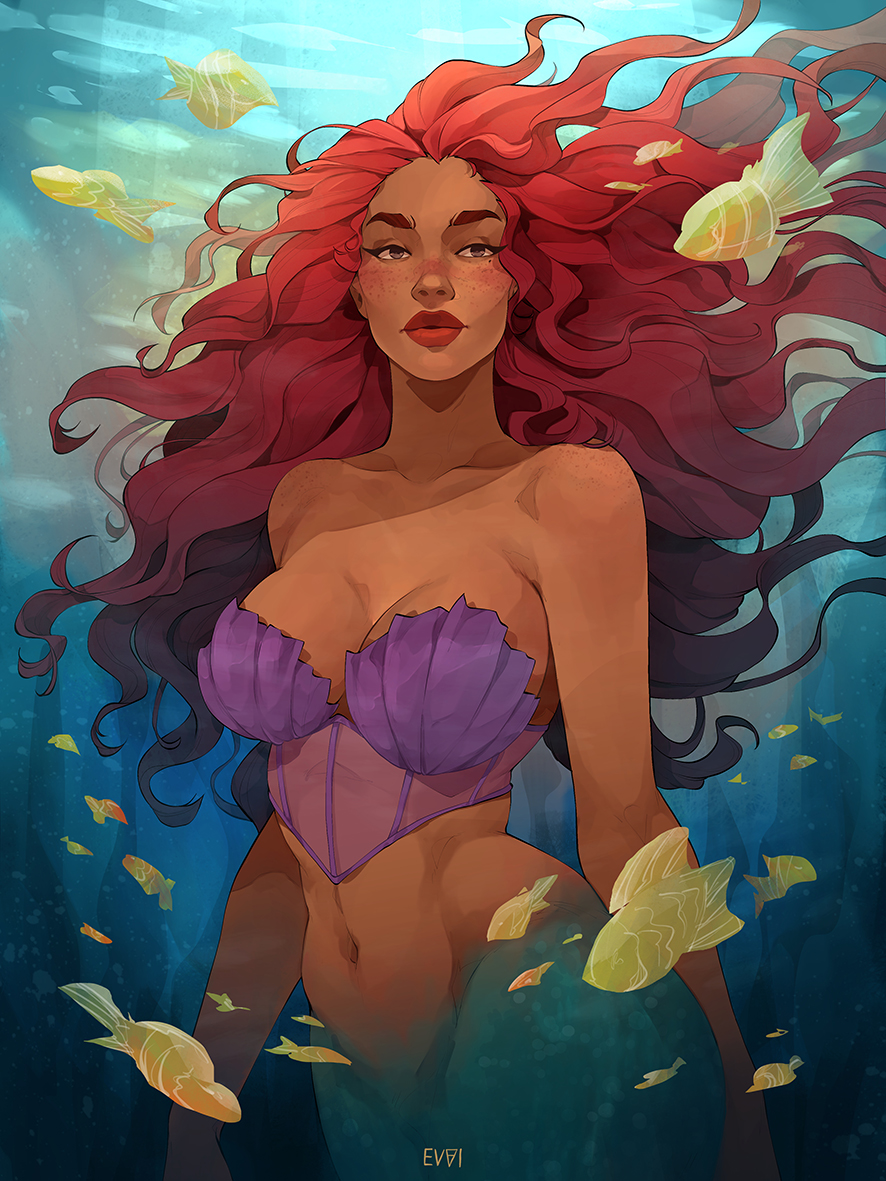 1girl air_bubble ariel_(disney) arms_at_sides artist_logo bare_shoulders bikini breasts brown_eyes bubble caustics cleavage closed_mouth cowboy_shot dark-skinned_female dark_skin emmanuel_viola fish freckles large_breasts lipstick long_hair looking_at_viewer makeup mermaid mole mole_under_eye monster_girl navel purple_bikini red_hair red_lips shell shell_bikini solo swimsuit the_little_mermaid the_little_mermaid_(2023) thick_lips underwater