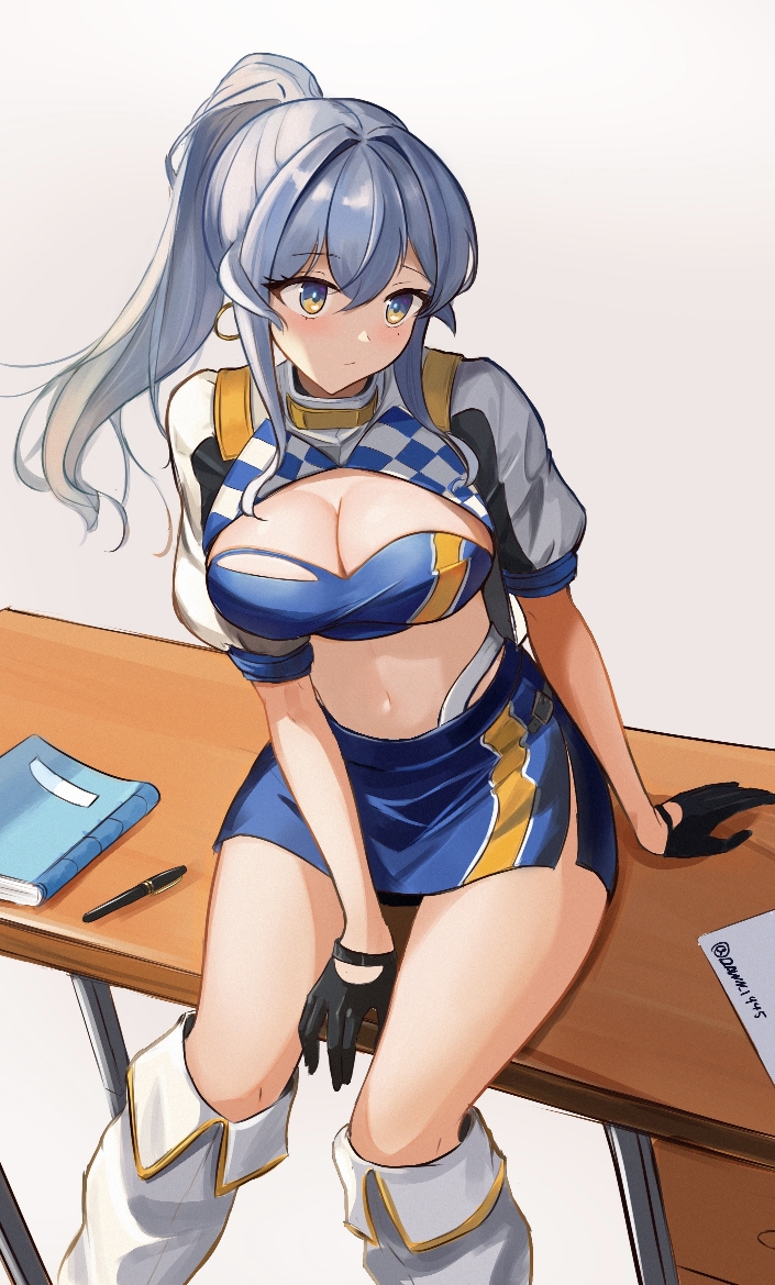 1girl bandeau blue_bandeau blue_eyes blue_hair blue_skirt blue_tube_top breasts dawn_1945 gloves gotland_(kancolle) hair_between_eyes half_gloves kantai_collection large_breasts long_hair miniskirt mole mole_under_eye navel official_alternate_costume ponytail race_queen short_sleeves shrug_(clothing) sidelocks sitting skirt solo strapless tube_top