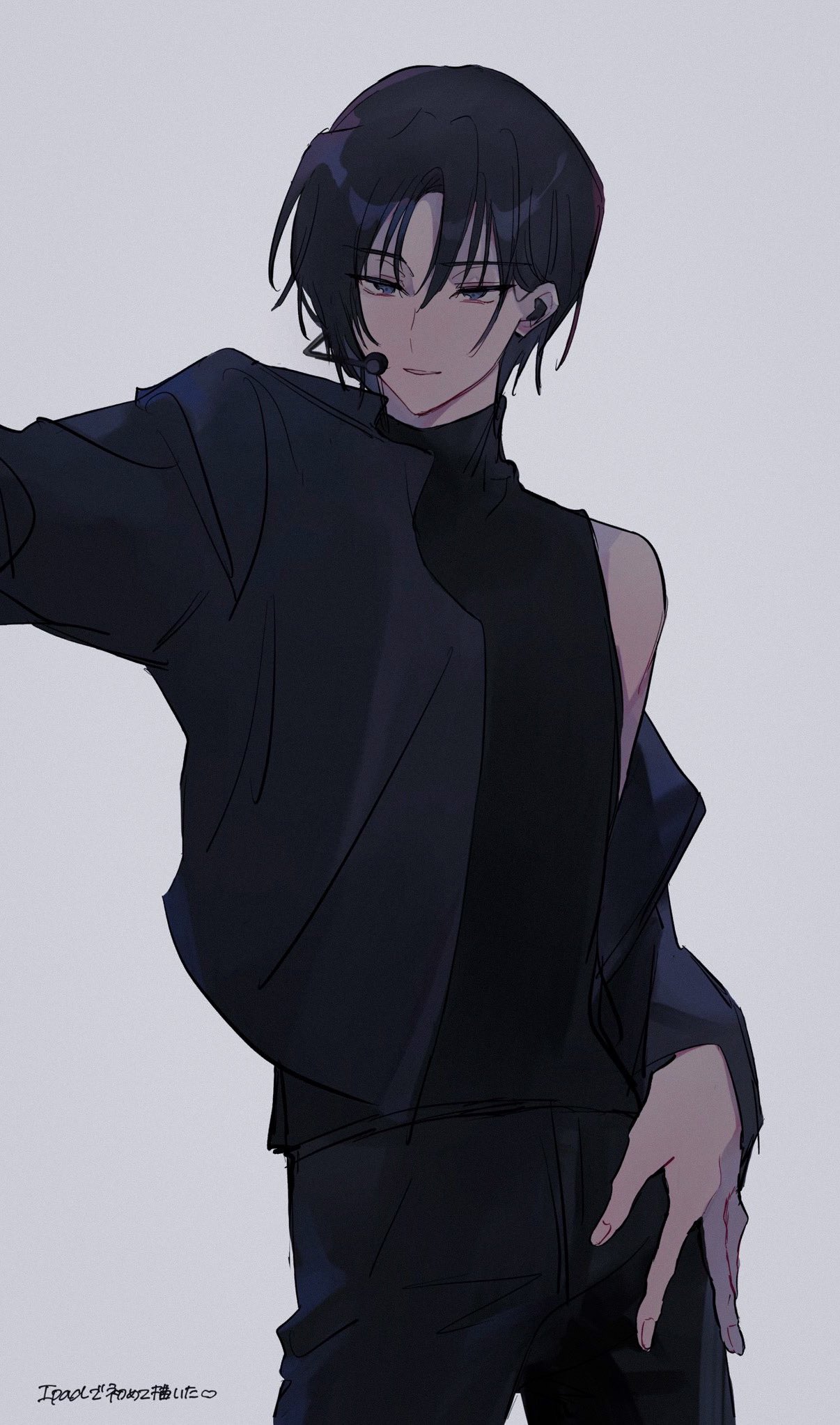 1boy black_hair black_jacket black_pants black_shirt blue_eyes cowboy_shot grey_background hand_on_own_hip headpiece highres idol idolish7 izumi_iori jacket kisharin long_sleeves looking_to_the_side male_focus off_shoulder open_clothes open_jacket outstretched_arm pants parted_bangs parted_lips shirt short_hair simple_background single_bare_shoulder sleeveless sleeveless_turtleneck smile solo turtleneck