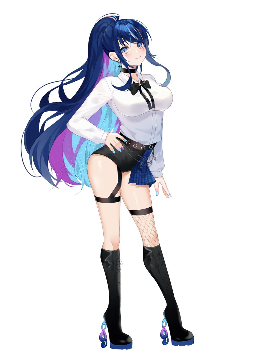 1girl arm_at_side black_bow black_shorts blue_hair blue_skirt blush boots bow breasts choker closed_mouth commentary earrings english_commentary fishnets full_body hand_on_own_hip high_heels high_ponytail highres jewelry knee_boots long_hair long_sleeves looking_at_viewer medium_breasts nail_polish nana_asteria pink_hair plaid plaid_skirt prism_project purple_hair rex_sama second-party_source shirt shorts sidelocks skirt smile solo standing swept_bangs very_long_hair virtual_youtuber white_background white_shirt