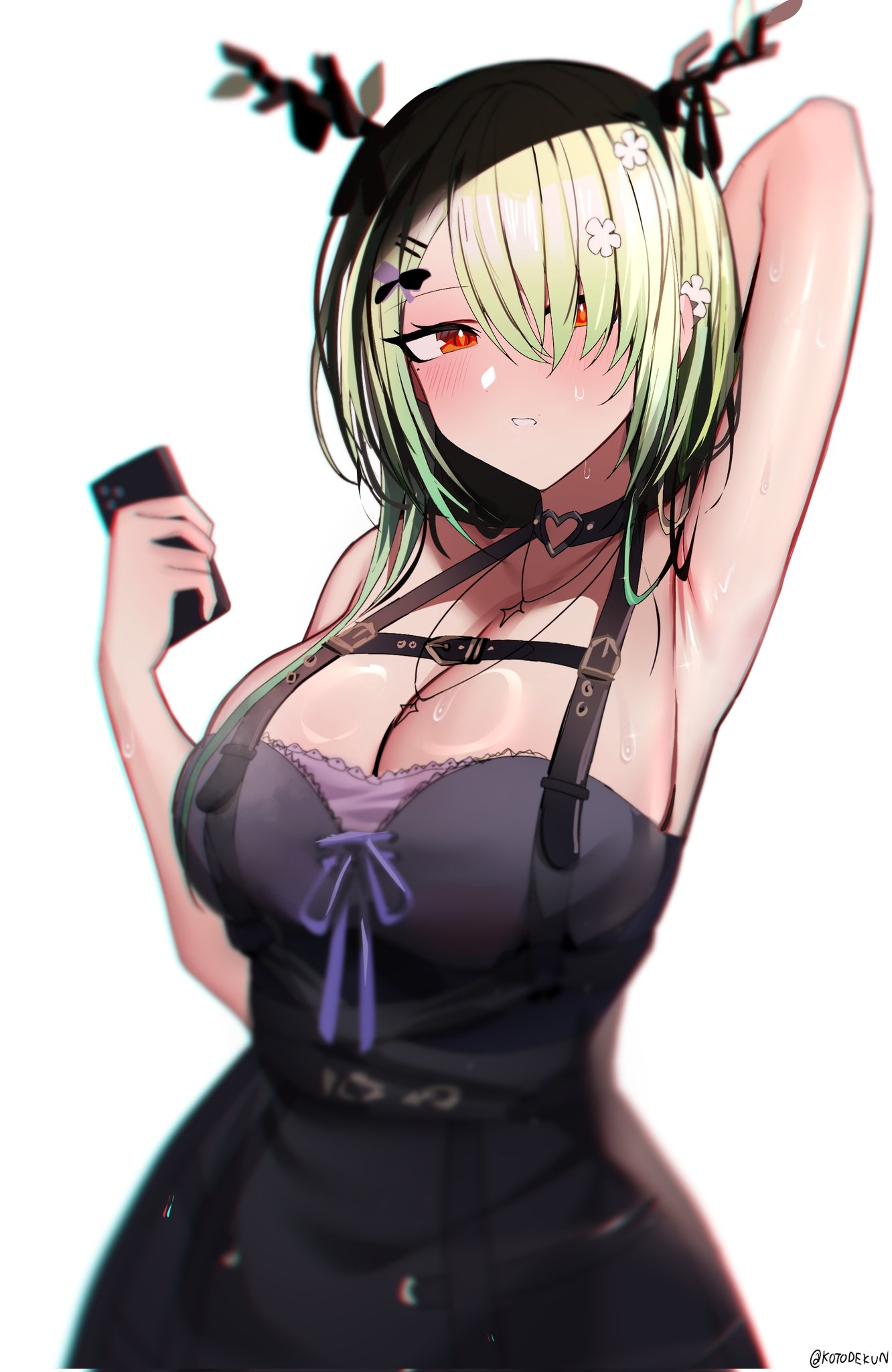1girl antlers armpit_crease arms_up black_choker black_dress blush branch breasts cellphone ceres_fauna ceres_fauna_(4th_costume) choker cleavage dress flower goth_fashion green_hair green_skirt hair_flower hair_ornament hair_over_one_eye hairclip harness heart heart_choker heart_o-ring highres holding holding_phone hololive hololive_english horns kotodekun large_breasts long_hair looking_at_viewer mole mole_under_eye o-ring o-ring_choker o-ring_harness official_alternate_costume phone short_hair simple_background skirt smartphone solo sweat tree_horns virtual_youtuber white_background yellow_eyes