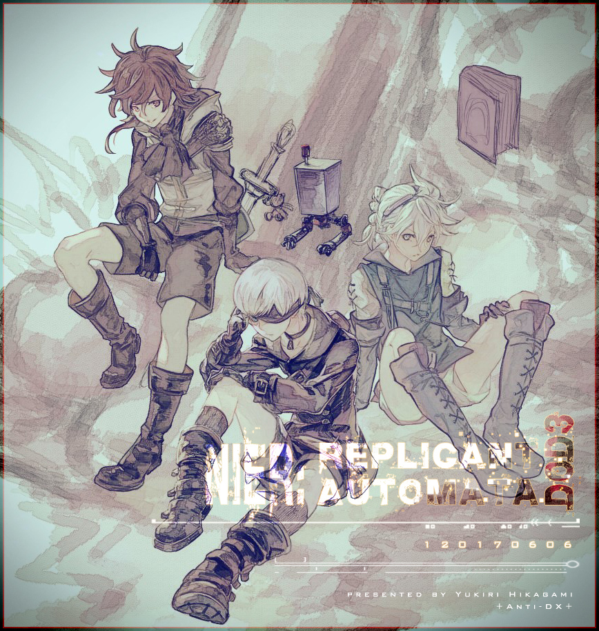 3boys 9s_(nier:automata) adjusting_eyewear arm_support black_blindfold black_choker black_gloves black_shorts blindfold boots border brown_eyes brown_hair choker commentary_request copyright_name cross-laced_clothes cross-laced_footwear dito_(drag-on_dragoon) drag-on_dragoon drag-on_dragoon_3 english_text expressionless fingerless_gloves floating floating_object full_body gloves grimoire_weiss hair_between_eyes hikagami_yukiri jacket knee_boots knee_up kneehighs knees_up long_hair looking_at_another looking_to_the_side low_ponytail male_focus monochrome multiple_boys nier nier:automata nier_(series) nier_(young) pod_(nier:automata) ponytail sepia short_hair shorts simple_background sitting sketch smile socks swept_bangs white_hair