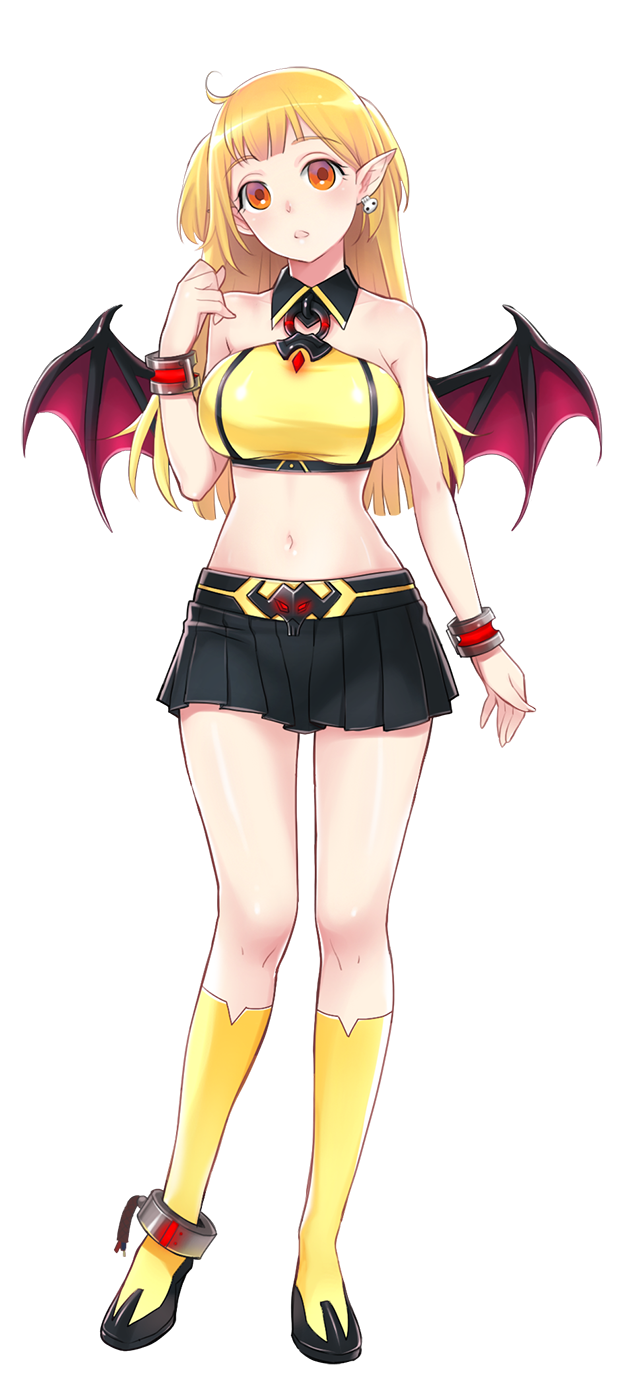 1girl bare_shoulders black_footwear black_skirt blonde_hair breasts cable crop_top cuffs demon_girl demon_wings detached_collar devi_(master_of_eternity) earrings full_body hand_up head_tilt highres jewelry kneehighs large_breasts long_hair looking_at_viewer master_of_eternity midriff miniskirt navel official_art open_mouth orange_eyes pointy_ears red_bracelet shackles shoes skirt skull_earrings socks solo tachi-e third-party_source transparent_background wings yellow_socks