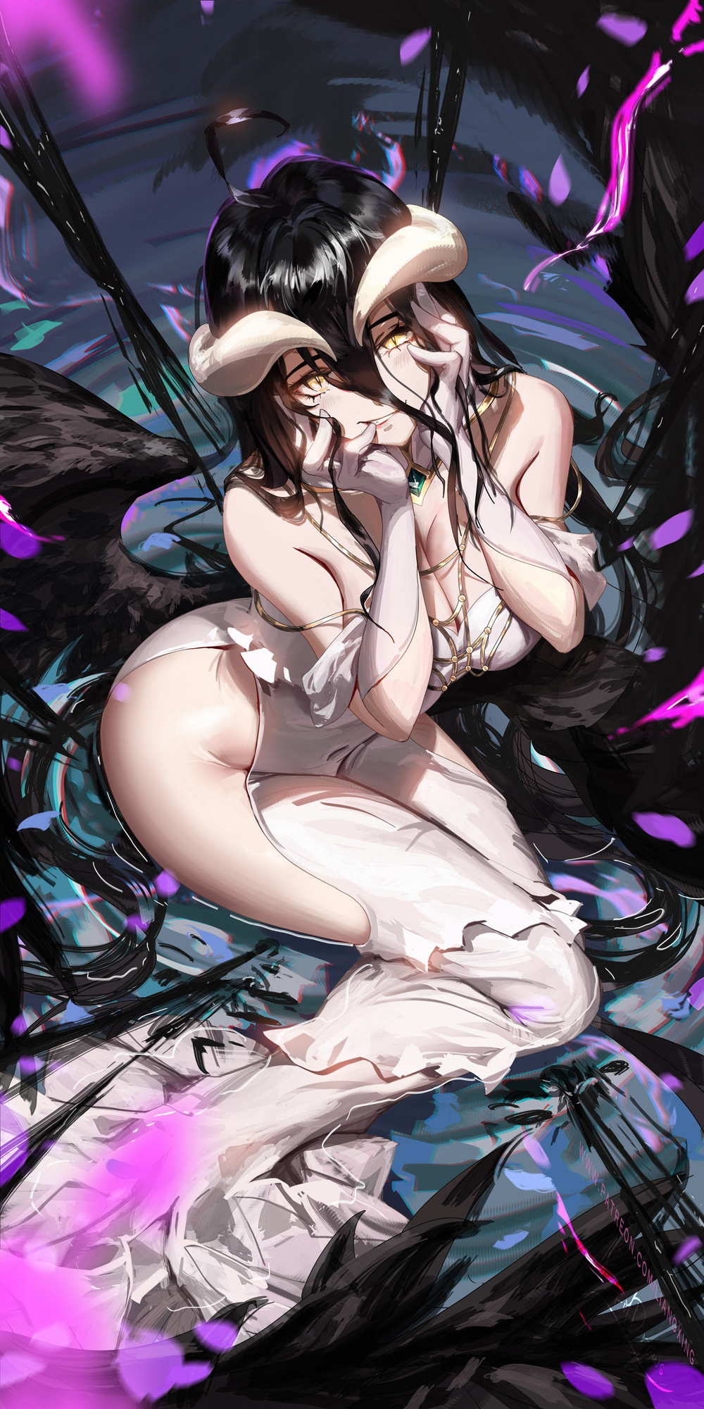 1girl ahoge albedo_(overlord) bare_shoulders black_feathers black_hair black_wings breasts demon_horns dress feathered_wings feathers gloves hair_between_eyes highres hip_vent horns large_breasts liang_xing long_hair looking_at_viewer low_wings overlord_(maruyama) slit_pupils solo white_dress white_gloves white_horns wings yellow_eyes