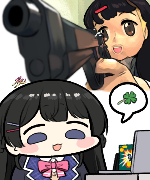 1girl 1other :3 aiming aiming_at_viewer ambiguous_gender animegao black_hair black_jacket blazer blue_eyes blush_stickers bow bowtie brown_eyes chibi clover collared_shirt computer cosplay foreshortening four-leaf_clover gun handgun holding holding_gun holding_weapon jacket jazz_jack kigurumi laptop long_hair nazono_mito nijisanji no_sclera open_mouth pink_bow pink_bowtie projected_inset school_uniform shirt signature smile spoken_symbol tsukino_mito tsukino_mito_(1st_costume) virtual_youtuber weapon wig