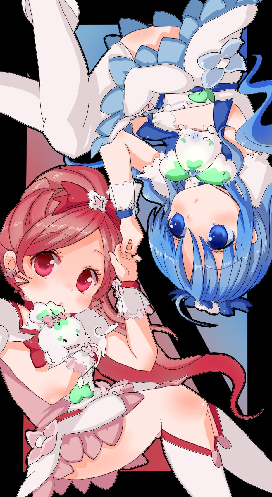 2girls :o ahoge black_background blue_eyes blue_hair bow bowtie chypre_(heartcatch_precure!) coffret_(heartcatch_precure!) creature cure_blossom cure_marine dreamchips dress dress_flower earrings eyelashes feet_out_of_frame flower flower_earrings frilled_dress frilled_wrist_cuffs frills hair_bow hair_flower hair_ornament hanasaki_tsubomi hand_on_hand heart heart_hair_ornament heartcatch_precure! high_ponytail highres holding holding_creature jewelry kneehighs kurumi_erika light_blush long_hair magical_girl multiple_girls parted_lips pink_bow pink_bowtie pink_eyes pink_flower pink_hair pink_wrist_cuffs precure puffy_short_sleeves puffy_sleeves shoes short_dress short_sleeves sidelocks simple_background sitting socks thighhighs upside-down very_long_hair wavy_hair white_dress white_flower white_footwear white_sleeves white_socks white_thighhighs wrist_cuffs wrist_flower