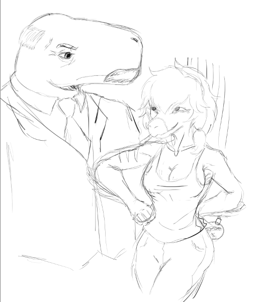 2024 anthro black_and_white breasts business_suit cavemanon_studios cleavage clothed clothing crossgender dinosaur dromaeosaurid duo facial_hair female goodbye_volcano_high hair hand_behind_back i_wani_hug_that_gator long_hair male monochrome mr._ferris mtf_crossgender mustache reed_(gvh) reeda reptile scalie shirt sketch smile snout suit tank_top theropod topwear unknown_artist velociraptor