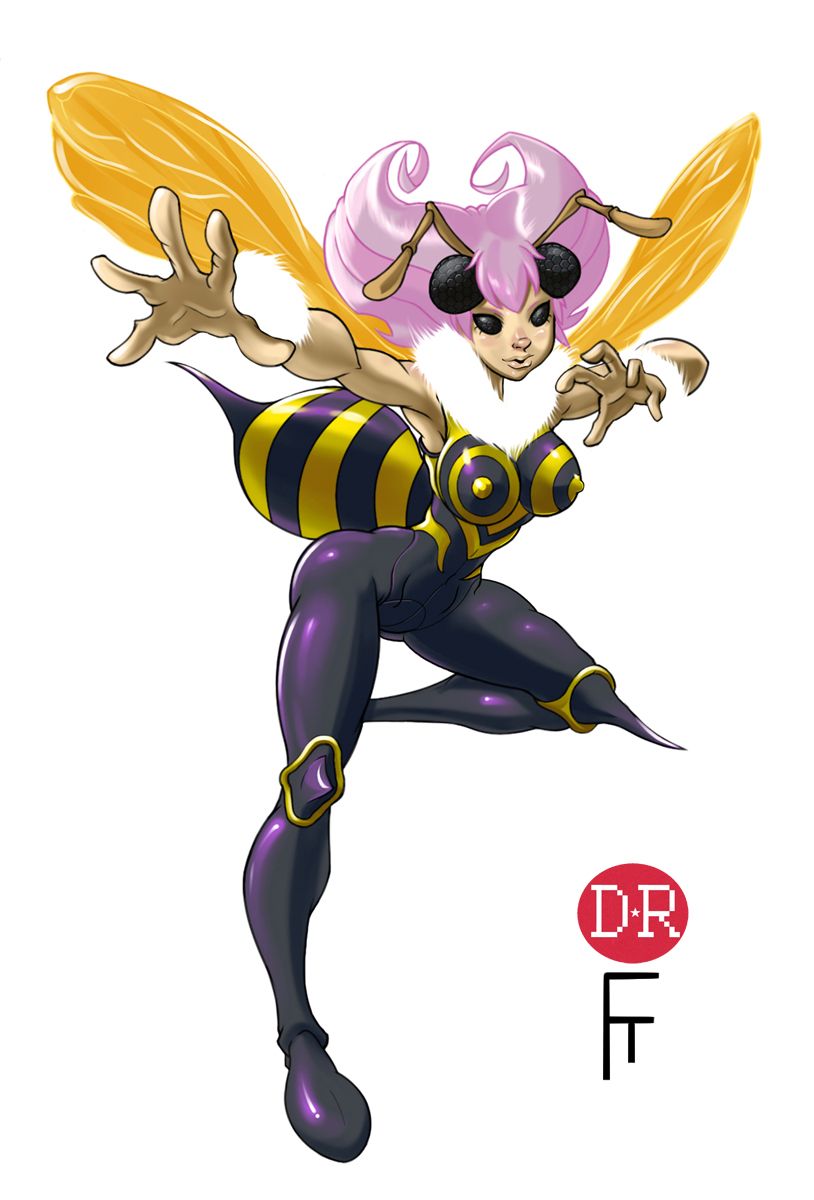 1girl antennae arthropod_girl artist_request bee_girl breasts compound_eyes covered_nipples hands_up highres insect_wings large_breasts looking_at_viewer non-web_source outstretched_arm outstretched_leg purple_hair q-bee short_hair simple_background standing standing_on_one_leg two-tone_bodysuit vampire_(game) wings