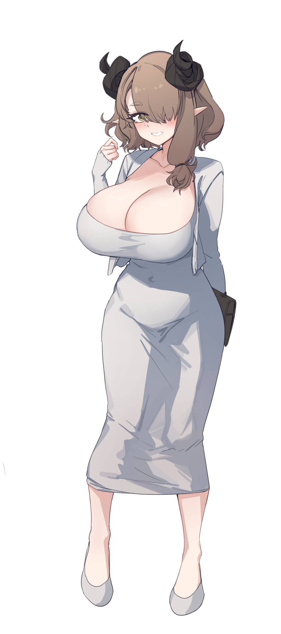 1girl aningay blush breasts brown_eyes brown_hair cleavage collarbone commentary_request covered_navel cropped_jacket dongtan_dress full_body grey_footwear grey_jacket hair_over_one_eye highres horns jacket korean_commentary large_breasts long_hair looking_at_viewer meme_attire open_clothes open_jacket original pointy_ears shoes simple_background smile solo standing white_background