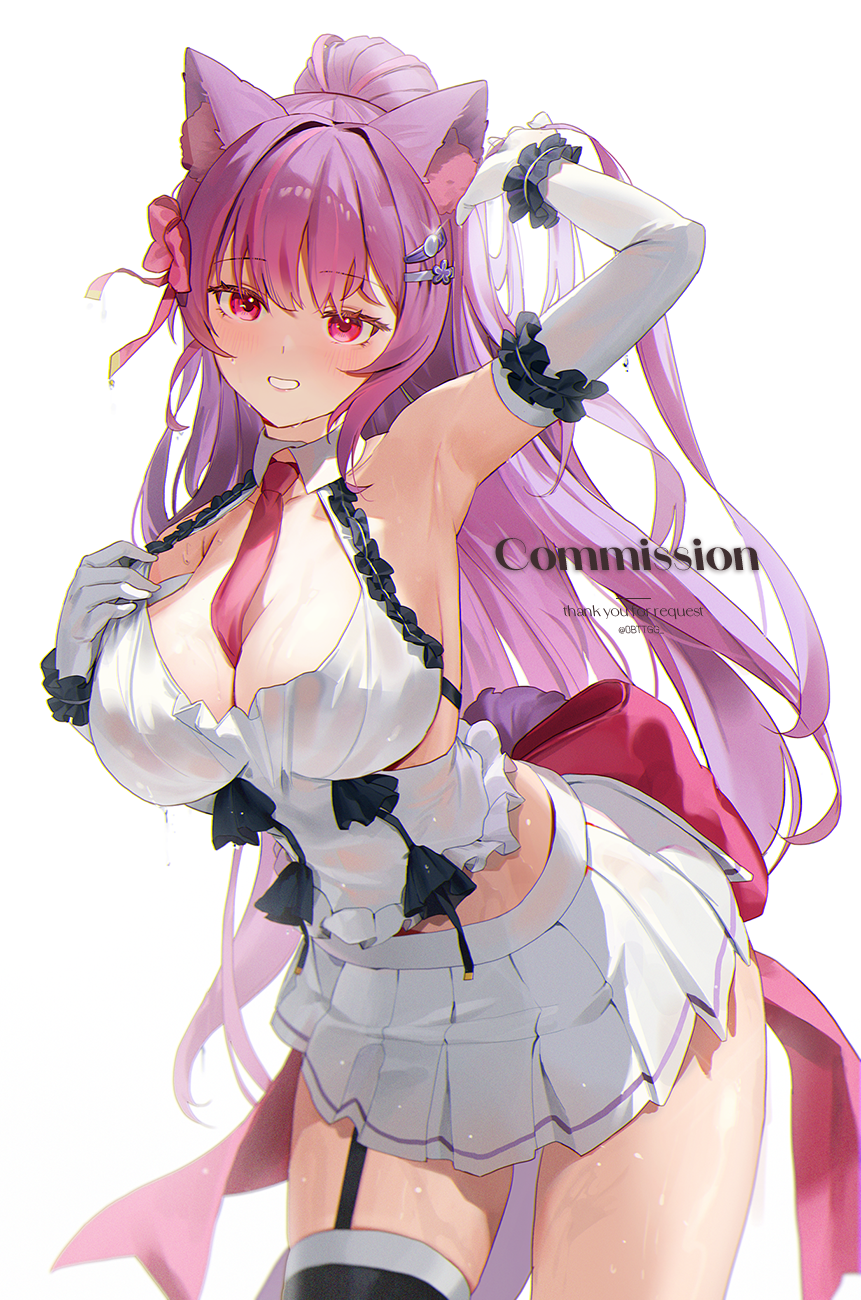 1girl animal_ear_fluff animal_ears arm_garter arm_up armpits bare_shoulders between_breasts black_thighhighs bow breasts cat_ears cccc2445 cleavage commission contrapposto cowboy_shot elbow_gloves frilled_shirt frills garter_straps gloves grin hair_ornament hairclip halterneck hand_up highres large_breasts leaning_forward long_hair looking_at_viewer midriff miniskirt multicolored_hair necktie necktie_between_breasts original pink_bow pink_hair pleated_skirt ponytail pulled_by_self red_eyes shirt single_garter_strap single_thighhigh skirt smile solo standing strap_pull streaked_hair sweat tail thighhighs thighs very_long_hair white_gloves white_shirt white_skirt wing_collar