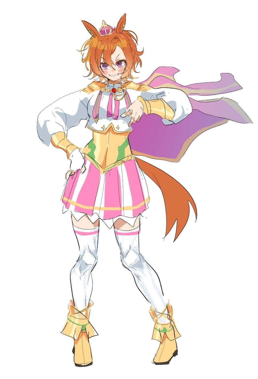 1girl blush boots corset crown full_body grin hand_on_own_hip highres horse_girl horse_tail jjan-uyu long_sleeves looking_at_viewer mini_crown orange_hair pink_skirt pointing pointing_at_viewer purple_eyes shirt short_hair simple_background sketch skirt smile solo standing t.m._opera_o_(umamusume) tail thighhighs two-tone_skirt umamusume v-shaped_eyebrows white_background white_shirt white_thighhighs yellow_footwear
