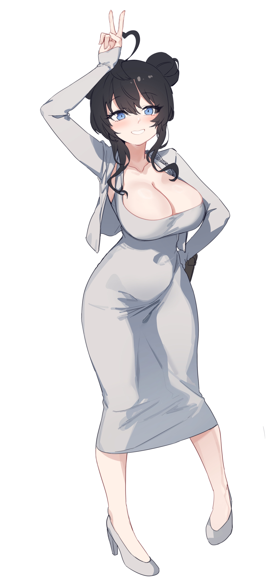 1girl ahoge aningay arm_behind_back arm_up black_hair blue_eyes breasts cleavage collarbone commentary_request cropped_jacket dongtan_dress double_bun dress full_body grey_dress grey_footwear grey_jacket grin hair_between_eyes hair_bun heart heart_ahoge high_heels highres jacket korean_commentary large_breasts long_sleeves meme_attire open_clothes open_jacket original shoes simple_background sleeves_past_wrists smile solo v white_background