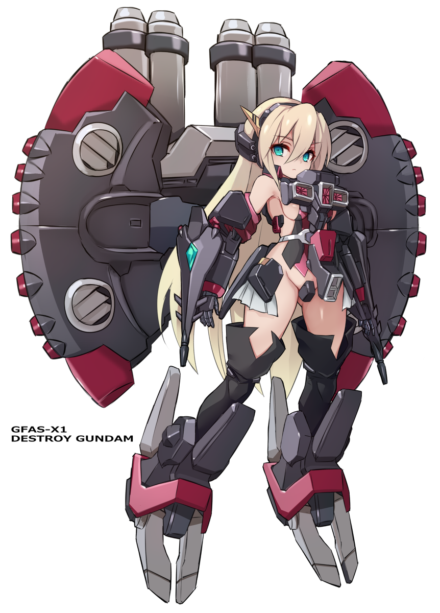 1girl ass_visible_through_thighs bare_shoulders black_footwear black_gloves blonde_hair blue_eyes boots breasts closed_mouth commentary_request copyright_request gloves groin hair_between_eyes highres karukan_(monjya) long_hair looking_at_viewer mecha_musume medium_breasts revealing_clothes sideboob simple_background solo thigh_boots very_long_hair white_background