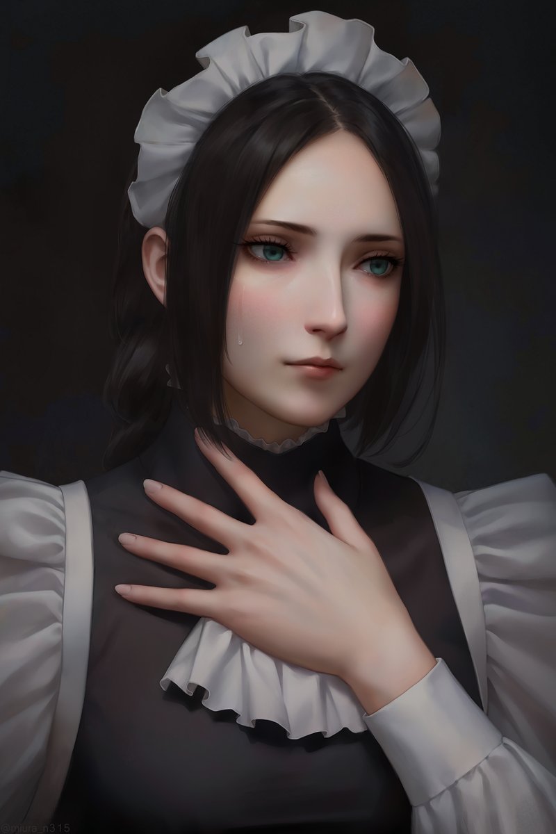 1girl black_background black_dress black_hair braid dress fata_morgana_no_yakata green_eyes hand_on_own_chest highres long_hair long_sleeves looking_to_the_side maid maid_headdress miura-n315 simple_background solo tagme teardrop tears the_maid_(fata_morgana_no_yakata) wrinkled_fabric