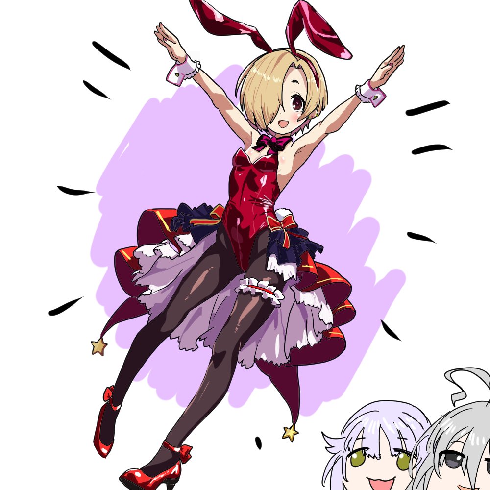 3girls animal_ears arms_up blonde_hair blush breasts brown_eyes fake_animal_ears hair_over_one_eye high_heels hoshi_syoko idolmaster idolmaster_cinderella_girls koshimizu_sachiko leotard multiple_girls open_mouth pantyhose playboy_bunny rabbit_ears red_footwear red_leotard shirasaka_koume short_hair showgirl_skirt small_breasts smile solo_focus usavivi777