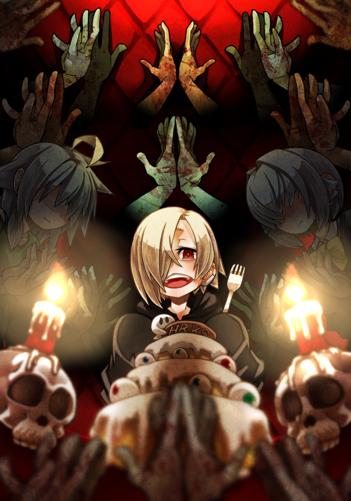 3girls ayame_hashinimasen black_hoodie blonde_hair cake candle disembodied_limb eyeball food fork ghost happy_birthday holding holding_fork hood hoodie hoshi_syoko idolmaster idolmaster_cinderella_girls koshimizu_sachiko multiple_girls open_mouth red_eyes shirasaka_koume short_hair skull sleeves_past_fingers sleeves_past_wrists smile