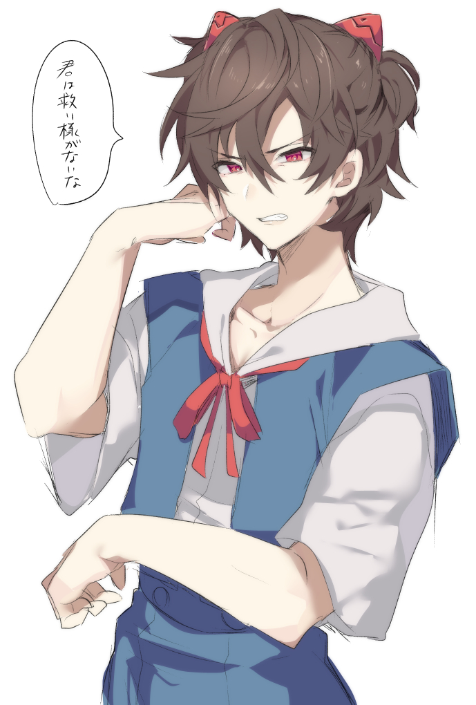 1boy ahoge alternate_hairstyle arm_up brown_hair clenched_teeth commentary_request cosplay cowboy_shot crossdressing furrowed_brow granblue_fantasy hair_between_eyes hair_bun hair_ornament half_updo interface_headset makita_(homosapiensu) male_focus messy_hair neon_genesis_evangelion red_eyes red_ribbon ribbon sandalphon_(granblue_fantasy) school_uniform scowl serafuku short_hair single_hair_bun sketch skirt solo souryuu_asuka_langley souryuu_asuka_langley_(cosplay) speech_bubble suspender_skirt suspenders teeth tokyo-3_middle_school_uniform translation_request white_background