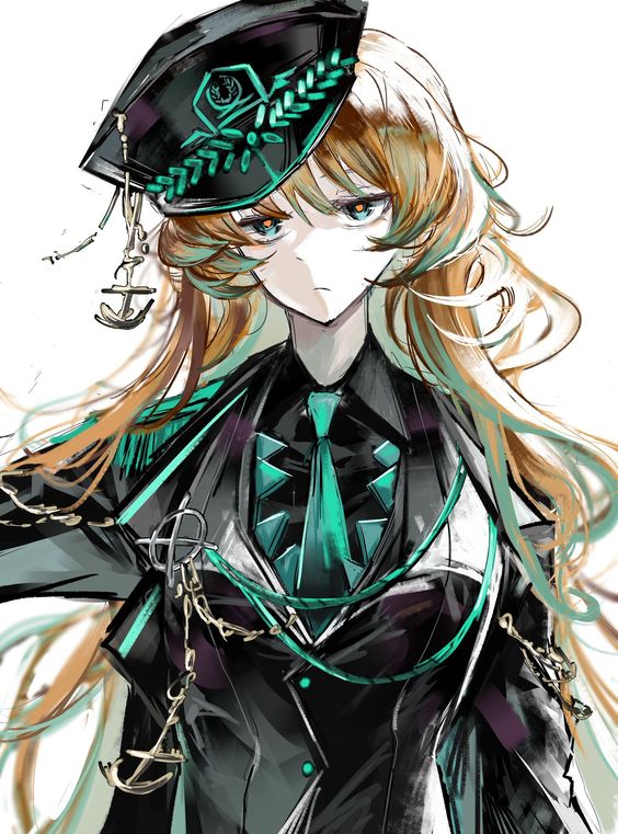 1girl aiguillette anchor bad_id bad_twitter_id black_coat black_hat black_shirt black_vest coat collared_shirt e.g.o_(project_moon) green_eyes green_hair green_necktie hat ishmael_(project_moon) limbus_company long_hair military_hat military_uniform multicolored_hair necktie ninth_ahe orange_hair project_moon shirt simple_background solo streaked_hair uniform very_long_hair vest white_background