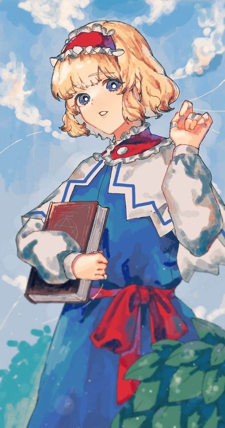 1girl alice_margatroid bandaged_fingers bandages blonde_hair blue_dress blue_eyes blurry book bright_pupils cloud day depth_of_field dress frilled_hairband frills grimoire hairband hand_up hexagram highres holding holding_book leaf looking_at_viewer oftooon outdoors parted_lips short_hair sky solo standing touhou white_pupils