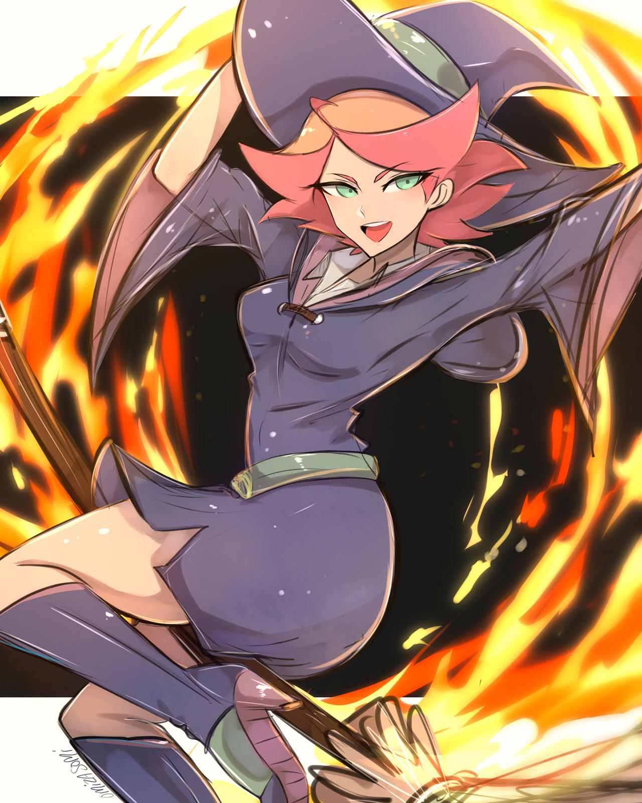 1girl amanda_o'neill arms_up belt boots broom broom_riding commentary dress english_commentary fire green_belt green_eyes hat high_heel_boots high_heels highres knee_boots little_witch_academia looking_at_viewer luna_nova_school_uniform medium_hair multicolored_hair omiza_somi open_mouth purple_dress purple_footwear purple_hat red_hair school_uniform signature solo teeth two-tone_hair upper_teeth_only witch_hat