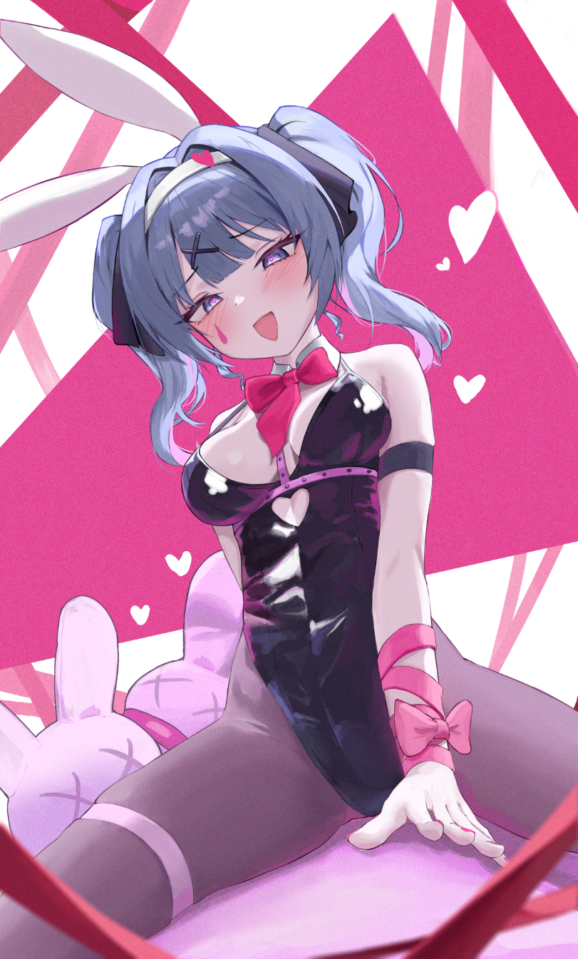 1girl animal_ears bare_shoulders black_leotard black_pantyhose black_ribbon blue_eyes blue_hair blush bow bowtie breasts clothing_cutout cutout_above_navel detached_collar fake_animal_ears hair_intakes hair_ornament hair_ribbon hairband hatsune_miku heart heart-shaped_pupils heart_cutout highleg highleg_leotard highres leotard long_hair looking_down medium_breasts miho_(user7939139) necktie open_mouth pantyhose pink_background pink_bow pink_bowtie pink_hair pink_necktie pink_pupils pink_ribbon pink_theme playboy_bunny rabbit_ears rabbit_hole_(vocaloid) ribbon riding solo spaghetti_strap stuffed_toy symbol-shaped_pupils teardrop_facial_mark upper_body vocaloid white_background white_hairband x_hair_ornament