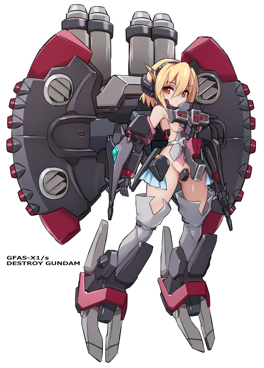 1girl ass_visible_through_thighs bare_shoulders blonde_hair boots breasts closed_mouth copyright_request grey_footwear groin hair_between_eyes highres karukan_(monjya) looking_at_viewer mecha_musume medium_breasts red_eyes revealing_clothes sideboob simple_background solo thigh_boots white_background