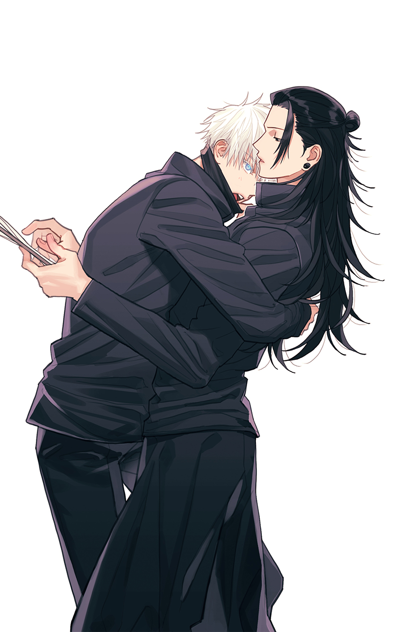 2boys black_hair black_jacket black_pants blue_eyes couple earrings feet_out_of_frame from_side gakuran getou_suguru ggss_cc gojou_satoru highres hug jacket jewelry jujutsu_kaisen long_hair looking_at_another loose_hair_strand male_focus multiple_boys open_mouth pants school_uniform short_hair simple_background stud_earrings teeth tongue white_background white_eyelashes white_hair yaoi