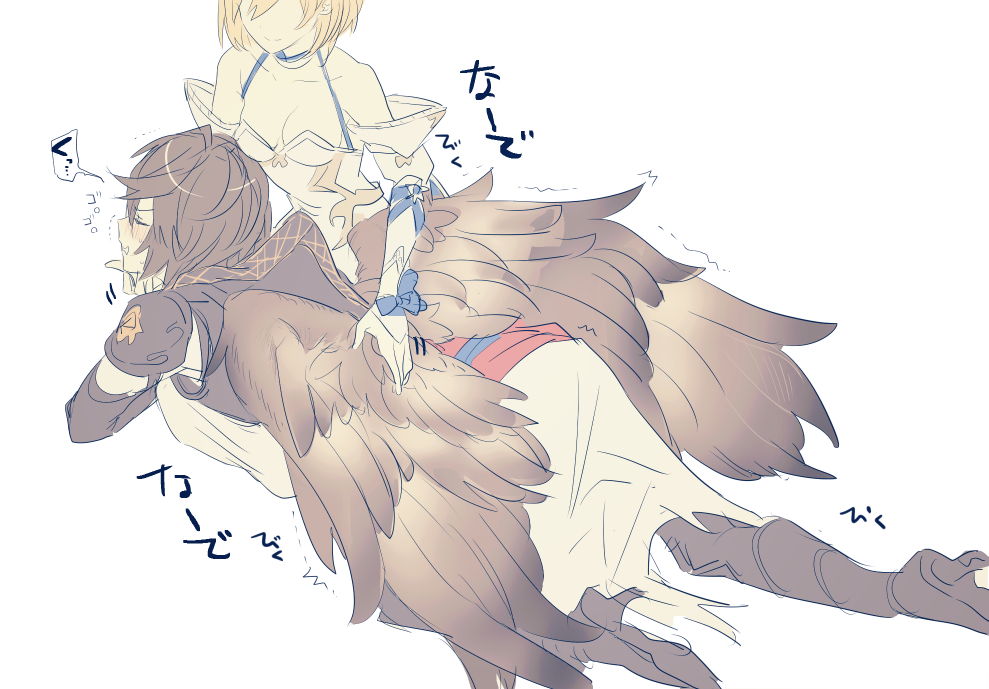 1boy 1girl ahoge bare_shoulders blonde_hair blue_bow blush bob_cut boots bow breasts brown_hair brown_wings cape cleavage clenched_teeth closed_eyes commentary_request detached_sleeves djeeta_(granblue_fantasy) dress elysian_(granblue_fantasy) faceless faceless_female feathered_wings full_body furrowed_brow grabbing_another's_wing granblue_fantasy hair_between_eyes hetero high_heel_boots high_heels hood hood_down light_smile long_sleeves lying lying_on_lap makita_(homosapiensu) male_focus medium_breasts messy_hair on_stomach sandalphon_(granblue_fantasy) scratching_chin short_hair sketch speech_bubble strap teeth translation_request white_background white_cape white_dress wings