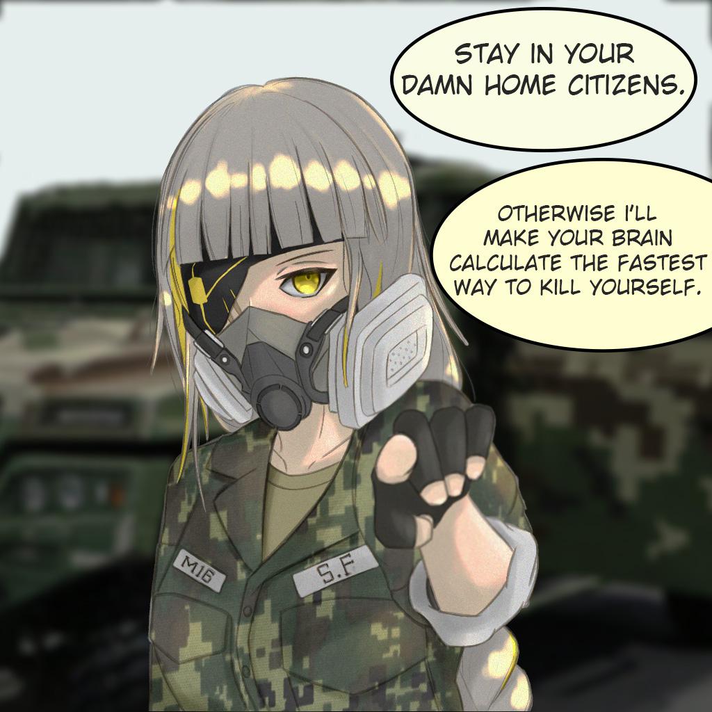 black_gloves blurry blurry_background braid camouflage camouflage_jacket eyepatch gas_mask girls'_frontline gloves green_shirt jacket long_hair long_sleeves looking_at_viewer m16a1_(boss)_(girls'_frontline) m16a1_(girls'_frontline) mask mole mole_under_eye mouth_mask multicolored_hair pointing pointing_at_viewer scar shirt solo third-party_source threat white_hair yellow_eyes