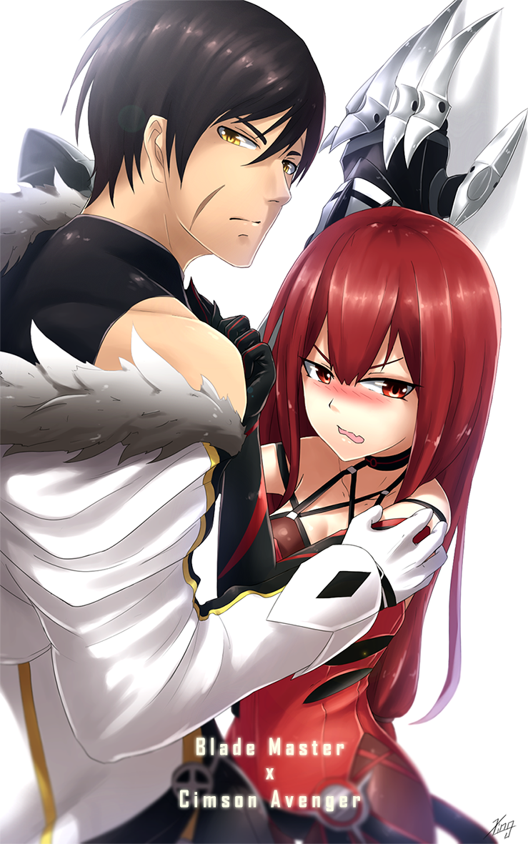 1boy 1girl against_wall bare_shoulders black_gloves black_hair blade_master_(elsword) blush breasts bu_li choker cleavage coat couple crimson_avenger_(elsword) elbow_gloves elesis_(elsword) elsword embarrassed fang fur-trimmed_coat fur_trim gloves hair_between_eyes hand_on_another's_shoulder height_difference hetero jacket kabedon leotard long_hair looking_at_viewer mechanical_arms medium_breasts open_mouth pantyhose raven_cronwell red_eyes red_hair red_leotard scar scar_on_face shadow short_hair shy single_mechanical_arm skin_fang torogao upper_body white_gloves yellow_eyes